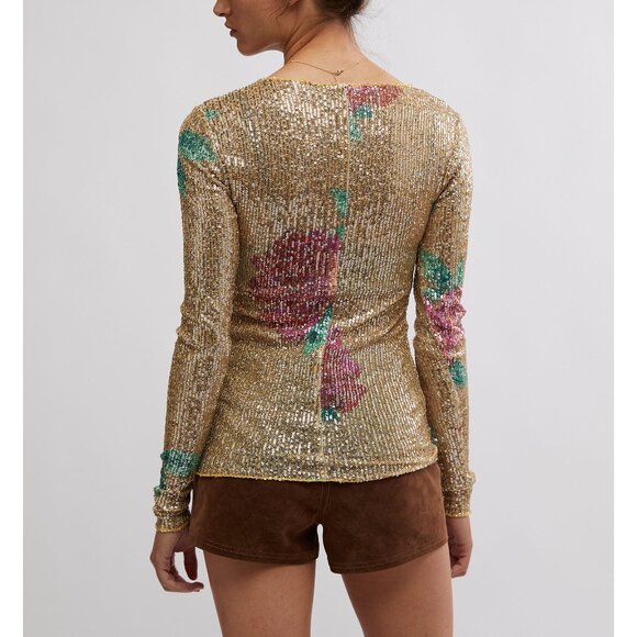 Free People Gold Sequin Long Sleeve Top - Picture 3 of 6